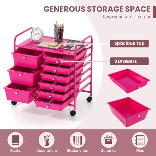 LDAILY 9 Drawer Rolling Storage Cart, Rolling Cart with Drawers for Classroom, Art Supply Craft Organizer on Wheel with Metal Frame & Handles for Home Office School - Image 6