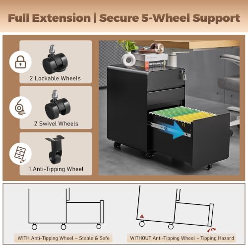 Approgreent 3 Drawer Mobile File Cabinets for Home Office - Image 5