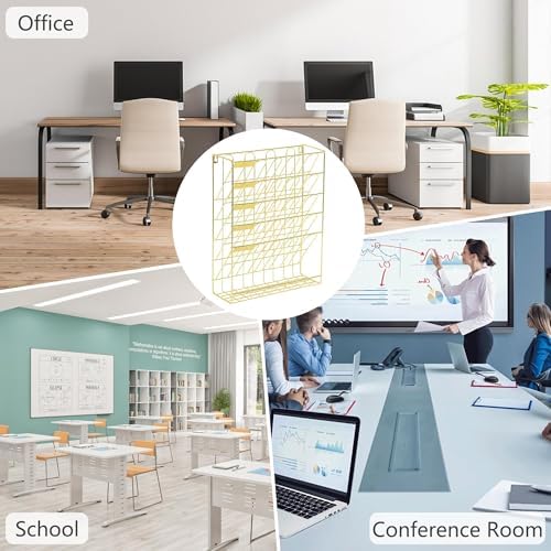 TQVAI Wall File Organizer, 5 Tier Hanging File Organizer with Bottom Tray, No Assembly Required Metal Wall Mount File Holder for Office Home Classroom, Gold - Image 7