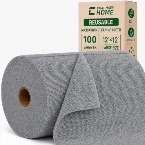 Reusable Microfiber Cleaning Cloth Roll - 100 Pack, 12"x12" Washable Tear-Away Paper Towels, Lint-Free & Streak-Free Rags for Kitchen, Glass, Cars, Electronics, Workshop and Garage(Cloud Gray) by CHAUNCEYHOME