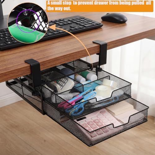 Cedilis Under Desk Drawer Organizer Slide Out, 2-Tier Metal Under Table Storage Drawers Clamp On for Home Office, Black, No Drilling - Image 3