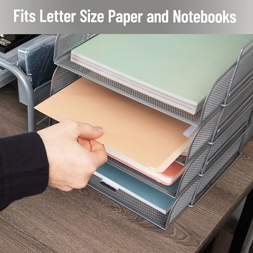 Mind Reader Stackable Paper Tray, Desktop Organizer, File Storage, Office, Metal Mesh, 10.5" L x 13.5" W x 11.25" H, 4 Pcs., Silver - Image 6