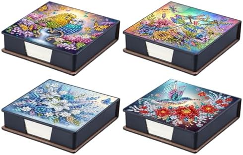 4PCS Diamond Art Painting Notecard Box DIY Craft Sticky Note Box with Total 640 (160 Pages Each) Sheets of Paper for Adults Beginners Desk Organiser(Flowers Birds Dragonflies) by Unknown