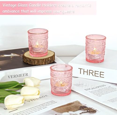 48 Pcs Pink Glass Votive Candle Holders, Tealight Candle Holders for Table Centerpieces, Vintage Candle Holder Bulk, Boho Wedding, Valentine's Day Table Decor (Pink) - Image 4