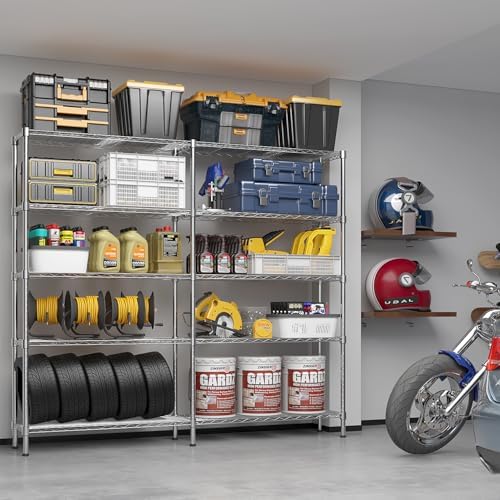 5 Tier Storage Racks Shelving, Heavy Steel Pantry Shelves, Adjustable Wire Shelving Rack, Suitable for Garage, Kitchens, Offices, 58" W x 14" D x 71" H, Chrome - Image 2