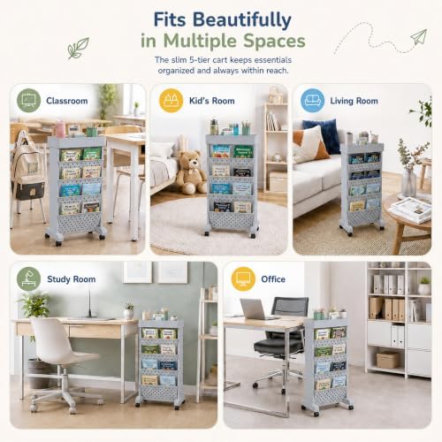 5-Tier Rolling Bookshelf Cart with Wheels, Gray - Image 7