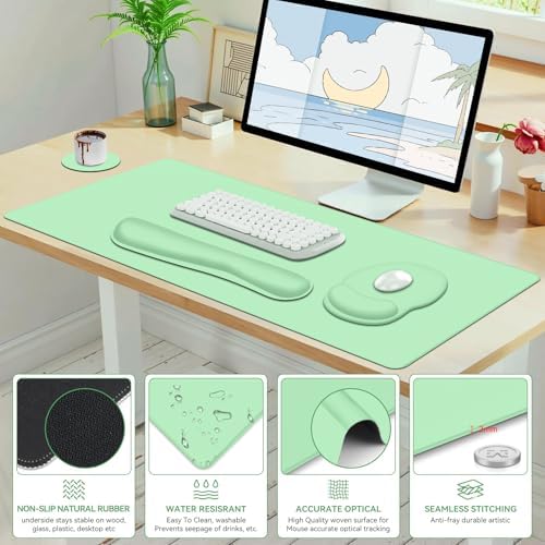 4 PCS Mouse Pad Desk Mat Protector, Keyboard Wrist Rest + Comfortable Mouse Pad with Wrist Rest +Coaster, Large Gaming Mousepad for Computer Laptop, 35.4"X 15.7" Deskpad for Office Home I Light Green - Image 7