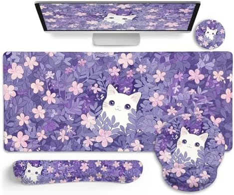 LIMKRIAN Purple Mouse Pad Large Desk Mat Set, Kawaii Cat Gaming Mousepad by LIMKRIAN