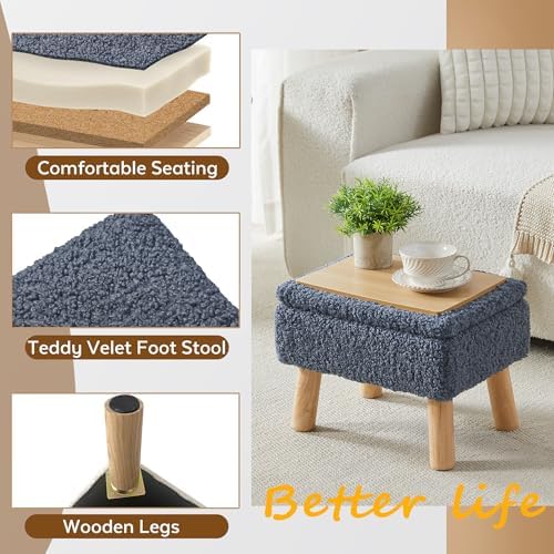 Storage Ottoman, Small Foot Stool Ottoman with Storage, Teddy Velvet Foot Rest with Wood Legs, Footstool for Living Room, Bedroom, Entryway, Blue - Image 4