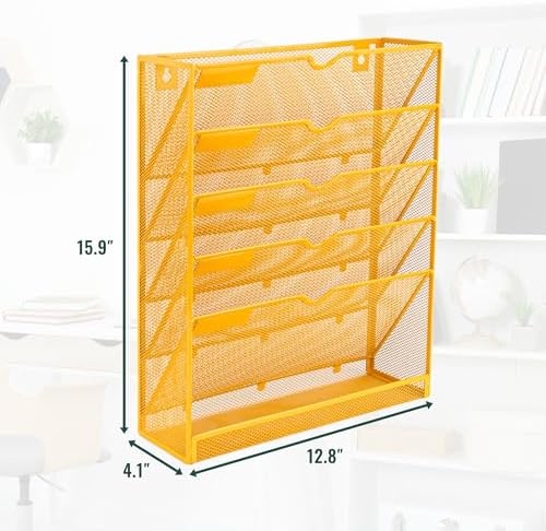 EASEPRES 6 Tier Mesh Hanging Wall File Organizer, Desk Vertical Mail Paper Document Folder Holder Rack with Bottom Tray and Nametag Label for Office Home School, Yellow - Image 2