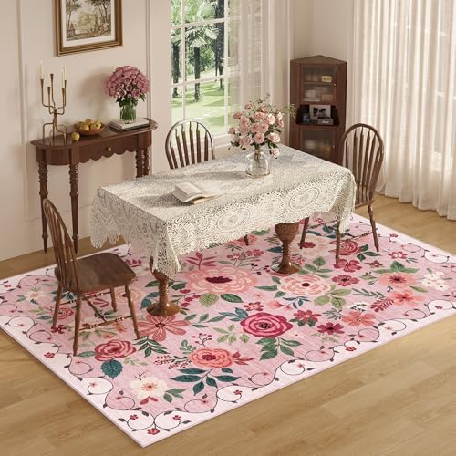 DUKINO 6x9 Area Rugs, Floral Washable Rug for Bedroom Non Slip, Pink - Image 6