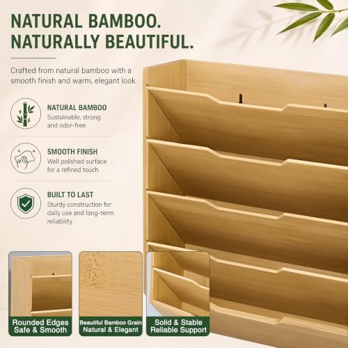 Yeaqee Hanging Wall File Organizer 15" x 12.6" x 3.9" Natural Bamboo 5 Tier - Image 4