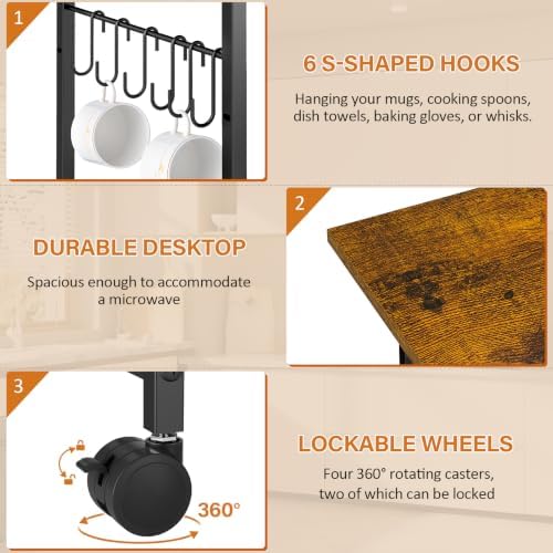 ThreeHio Rolling Kitchen Microwave Cart, 3 Tier Microwave Table Stand with Adjustable Shelf, Kitchen Storage Rack on Wheels, Coffee Station Cart Rack Shelf Organizer for Living Room Office, Balcony - Image 4