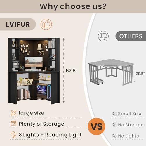 Corner Desk with - LED Reading Light, L-Shaped Computer Desk w/Hutch & Shelves, Home Office Desk w/Charging Station for Work & Study, File Cabinet Storage Bookshelf for Small Space (Black) - Image 2
