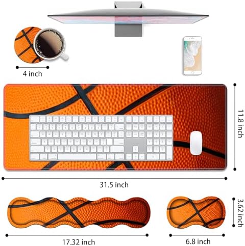 4 in 1 Ergonomic Keyboard Wrist Rest & Mouse Pad Wrist Rest Set, Large XXL Gaming Desk Mat 31.5"x 11.8" with Non-Slip Base, Memory Foam for Home Office Study Gaming, Basketball Surface - Image 2