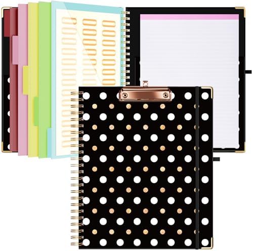 Ospelelf Clipboard with Storage 8.5 X 11，Padfolio Organizer, Spiral Portfolio Letter Size with Notepad, Pen Holder, 5 Extra Folder Divider Pages, Elastic Closure Nurse Office Essentials Black Gold by OspelelfOfficeSupplies
