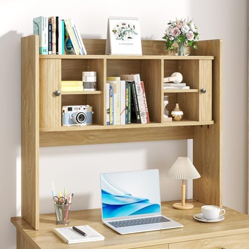 Fluted Desktop Bookshelf, 35.4 Inch x 31.5 Inch Wooden Desk Organizer, Desk Hutch with 2 Doors, Desktop Shelf Storage Rack, for Home, Office, Dorm, 2-Tier, Wood - Image 4