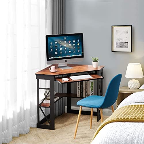 VECELO Corner Computer Desk 41 x 30 inches with Smooth Keyboard & Storage Shelves for Home Office Workstation, Teak - Image 4
