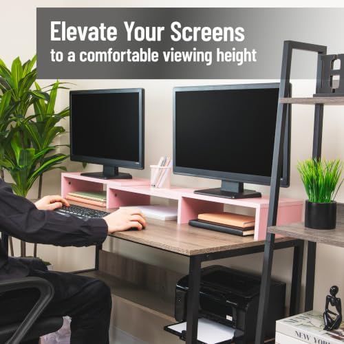 Mind Reader Dual Monitor Stand, Desktop Organizer, Laptop Riser, Office, MDF, 51.25"L x 9.25"W x 4.75"H, Pink - Image 2