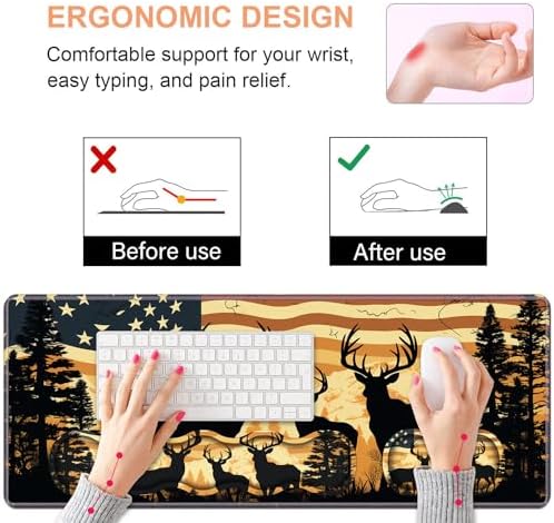 Ergonomic Keyboard Wrist Rest & Mouse Pad Wrist Rest Set, Large XXL Gaming Desk Mat 31.5"x 11.8" with Non-Slip Base, Memory Foam, Easy Typing Pain Relief for Home & Office, American Flag Deer - Image 5