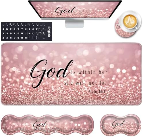 Keyboard Wrist Rest and Mouse Pad with Wrist Support Set Ergonomic Coaster,Memory Foam,Easy Typing Pain Relief,Large XL Desk Mat 31.5"x 11.8",Rose Gold Glitter Quote Bible Verse Psalm 46-5 by CICPLKSE