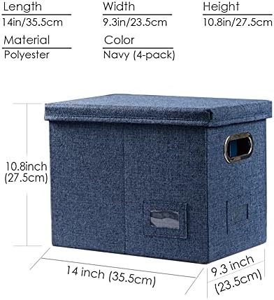 PRANDOM File Organizer Box - Set of 4 Collapsible Decorative Linen Filing Storage Hanging File Folders with Lids Office Cabinet Letter Size Navy Blue (14x9.3x10.8 inch) - Image 7