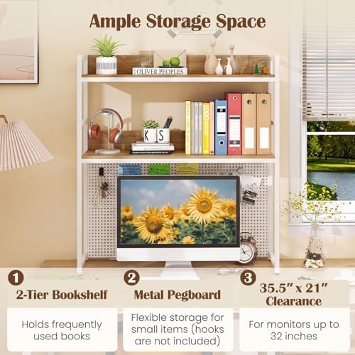 BECOMFORT 37" Desktop Bookshelf, Desk Hutch Dorm with DIY Metal Pegboard - Image 3