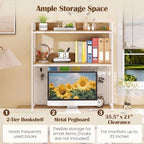 Desk Hutch, 37" Desktop Bookshelf with Pegboard, Countertop Storage Hutch for Computer Monitor, 2-Tier Desk Display Rack, Desktop Organizer Shelf for Dorm Home Office (White+Natural) - Image 3
