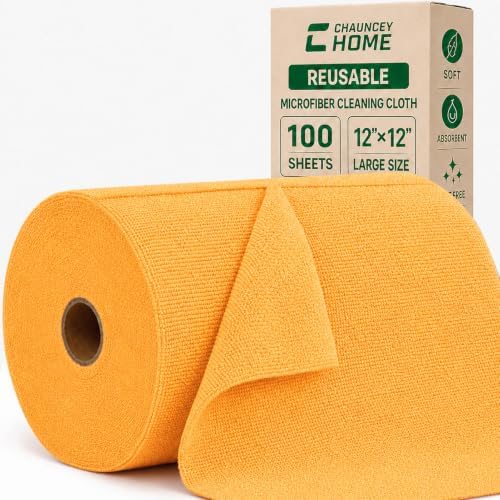 Reusable Microfiber Cleaning Cloth Roll - 100 Pack, 12"x12" Washable Tear-Away Paper Towels, Lint-Free & Streak-Free Rags for Kitchen, Glass, Cars, Electronics, Workshop and Garage(Tangerine Yellow) by CHAUNCEYHOME