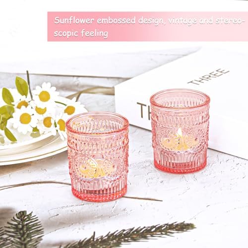 48 Pcs Pink Glass Votive Candle Holders, Tealight Candle Holders for Table Centerpieces, Vintage Candle Holder Bulk, Boho Wedding, Valentine's Day Table Decor (Pink) - Image 6