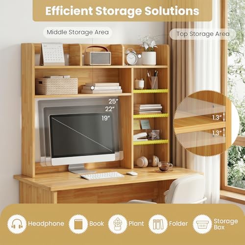 Tangkula Desktop Bookshelf with LED Lights, Desk Hutch with 8 Shelves for Max 25" Monitor, Desktop 5-Tier Display Rack, Wood Desktop Storage Hutch Organizer for Dorm Office Home, Burlywood - Image 7