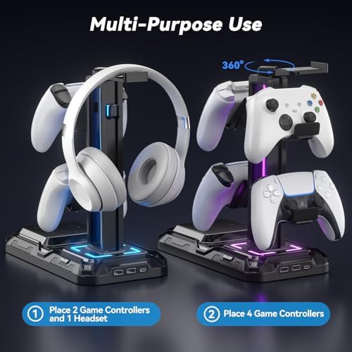 KDD Headphone & Controller Stand with Wireless Charging - Rotatable Headset Stand with 9 Light Modes - Controller Holder with 2 USB and Type C Ports - for Gamers Desktop Accessories - Image 6