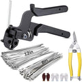 Stainless Steel Cable Tie Gun Kit, 200 Pcs Metal Zip Ties (100 Each of 8/11.8 Inch), Adjustable Fastening and Cutting Tools for Fence, Chain Link Fence, Pipe, Industrial Use by Unknown