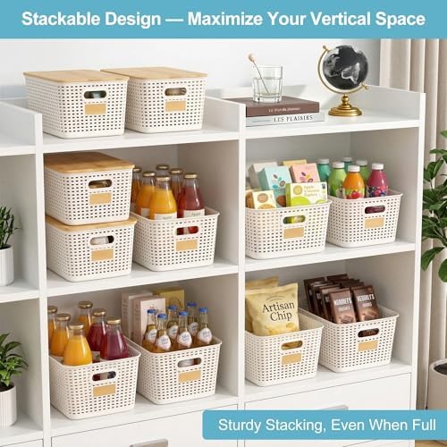 Bagnizer 2 Pack Tall Plastic Storage Bins with Bamboo Lids, 10.8qt Stackable Storages Baskets for Organizing Desktop Closet Playroom Classroom Office, 12"L x 8.3"W x 6.1"H, Cream White - Image 3