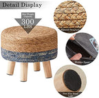 Cpintltr Foot Stool Natural Seagrass Hand Weave Poufs Round Ottoman for Couch Desk Soft Step Stool Padded Foot Rest with Non-Skid Pine Legs for Hallway Office Lounge Natural/Blue - Image 5