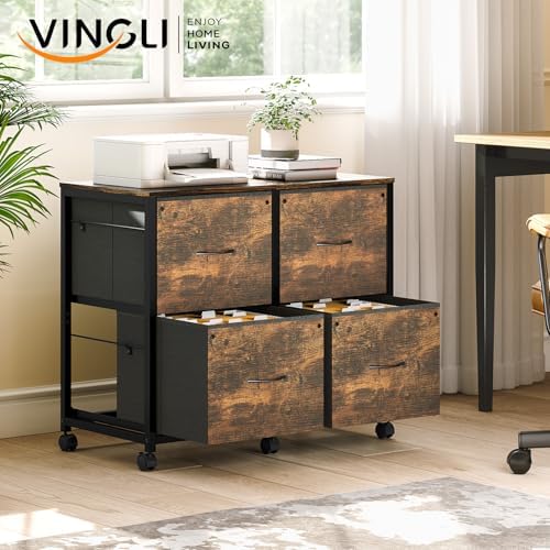 VINGLI 4 Drawer Mobile File Cabinet with Wheels Filing Cabinet Under Desk File Cabinet, Fabric Drawers Printer Stand for Home Office, Fits Letter Size, Rustic Brown - Image 2