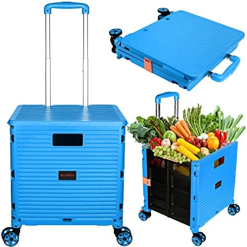 Foldable Utility Cart Portable Collapsible Crate Rolling Carts with Wheels Rolling Tote Basket Teacher Cart with Lid Wear-Resistant 360°Rotate Wheel Noiseless for Shopping Storage Office Use by SELORSS