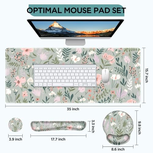 AIMSA Keyboard Mouse Pad Set, Extended Mouse Pad, Keyboard Wrist Rest Support, Memory Foam Ergonomic Desk Pad Set for Home Office Study Game, Pink White Flowers Plants - Image 7