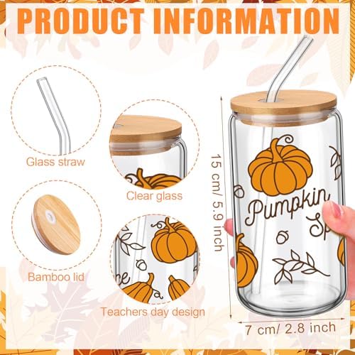 12 Pcs Fall Glass Cups with Lids and Straws 16 oz Autumn Pumpkin Leaves Coffee Tumblers Cozy Fall Drinking Cups Aesthetic Thanksgiving Gifts Bulk for Women Her Adults Party Favors - Image 3