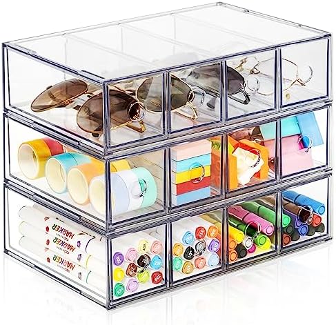 12-Drawer Desk Organizer, 3-Pack Stackable Desktop Storage Box by FODIENS