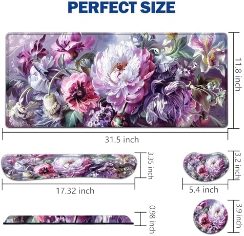Large Mouse Pad + Keyboard Wrist Rest Set, Extended Gaming Mousepad (31.5X11.8 inch) with Non-Slip Rubber, Ergonomics Memory Foam Mouse Wrist Rest Support, Pink Peony Pattern XXL Desk Pad - Image 2