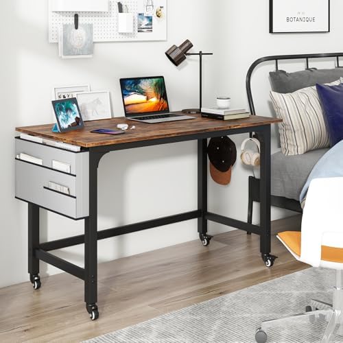 GOFLAME 4ft Conference Table Set of 2, Mobile Home Computer Desk, Meeting Room Table w/Detachable Storage Bag & 2 Headphone Hooks, Rolling Seminar Boardroom Table on Wheels, Black + Rustic Brown - Image 3