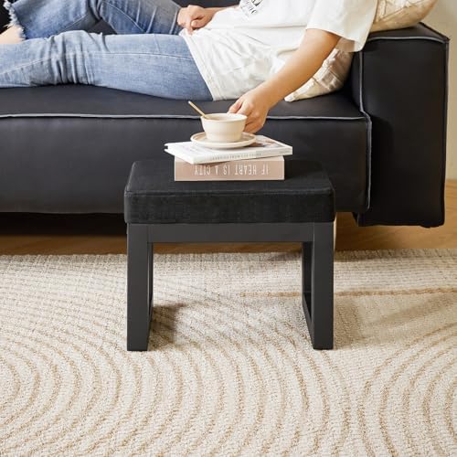 IBUYKE Small Footstool Ottoman, Linen Fabric Footrest, Black WBD001B - Image 6