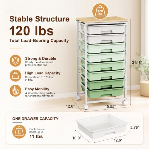 LEHOM Rolling Storage Cart with 8 Drawers, Utility Cart on Lockable Wheels - Image 2