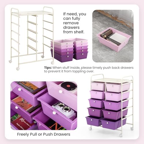 Giantex 10 Drawers Rolling Cart, Classroom Organizers, Storage Cart with Wheels, for Teacher Office Home School Supplies Tool Craft Art Paper, Purple Gradient - Image 7