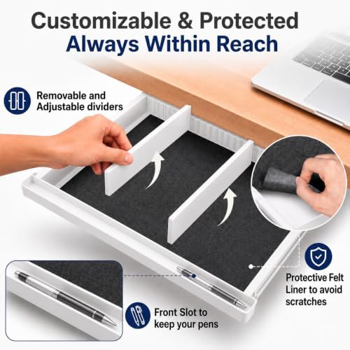 Under Desk Drawer, Adjustable Dividers, Impact-Resistant, 22" – White - Image 2