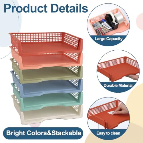gisgfim 12 Pcs Turn in Trays Classroom Boho Paper Tray for Classroom Organization and Storage Stackable Plastic Book Baskets Turn in Bins Teacher Organizers for Library Drawers School Office Desk - Image 3