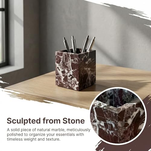 Natural Marble Pen Holder, Square Desk Organizer, Marble Toothbrush Holder, Multi-Functional Makeup Brush Holder, Decorative Storage Cup for Office Vanity Bathroom Kitchen (Rosa Levanto) - Image 6