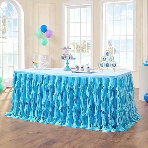leegleri 108in Tulle Ruffle Curly Willow Table Skirt for 4/6/8FT Tables, Under The Sea Ocean Blue Baby Shark Themed Tutu Table Skirt for Baby Shower, Birthday Party - Image 6