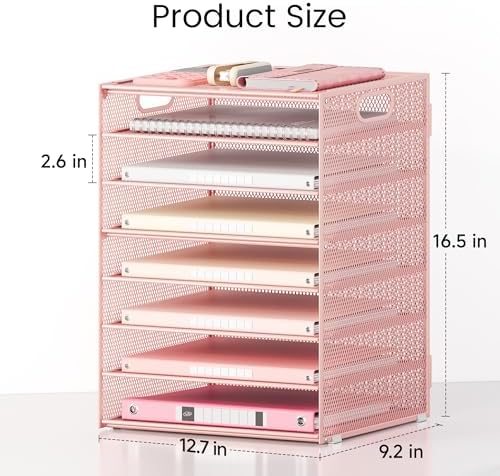 Lavatino 2 Pack 8-Tier Office Desk File Organizer, Letter Tray Paper Organizer with Handle, Including 5 Adjustable Slide Trays for Organizing Desk Workspace Accessories and Supplies (Pink Mesh) - Image 2